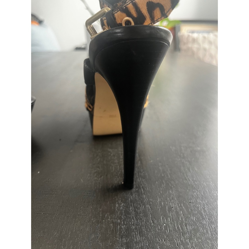 Guess Leopard Print Calf Hair Platform Stiletto Sandals Peep Toe Slingback - Picture 7 of 15
